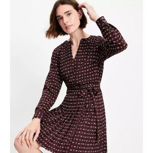 NEW Ann Taylor LOFT Petite Long Sleeve Bow Pleated Mini Dress Plum Raisin 0